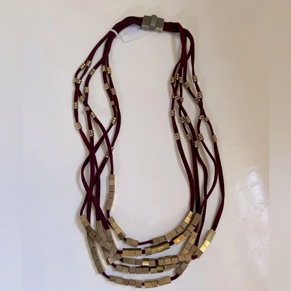 Serafina Statement Necklace Gold Maroon Suede Leather Burgundy Choker Boho
